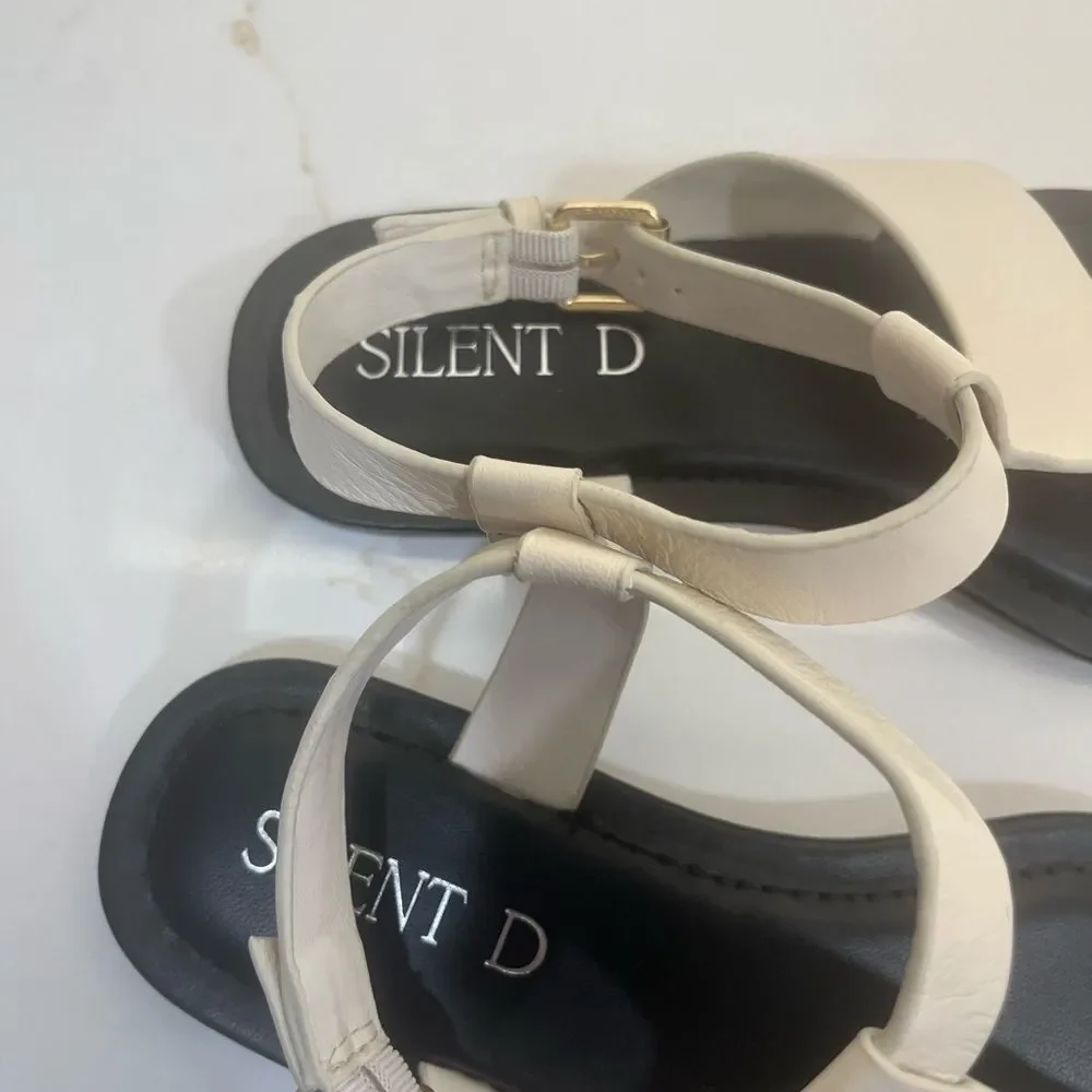 Silent D White Leather T-Strap Thong Sandals Minimalist Flat Sandal